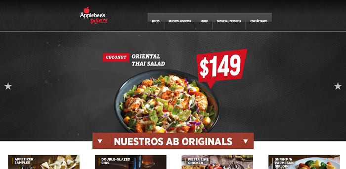 Portada principal de la página web de Applebees