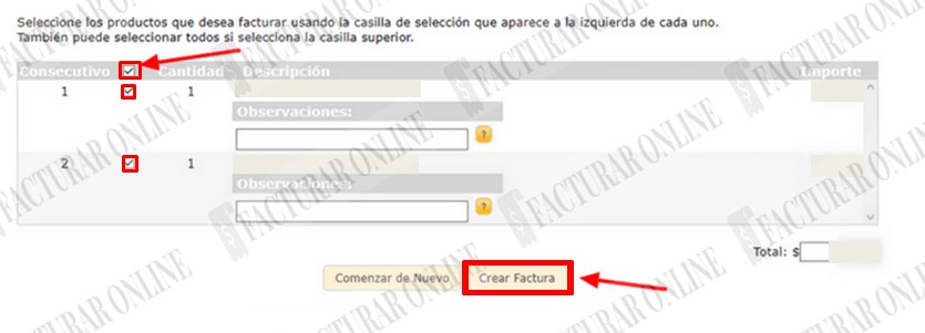 seleccionar productos a facturar